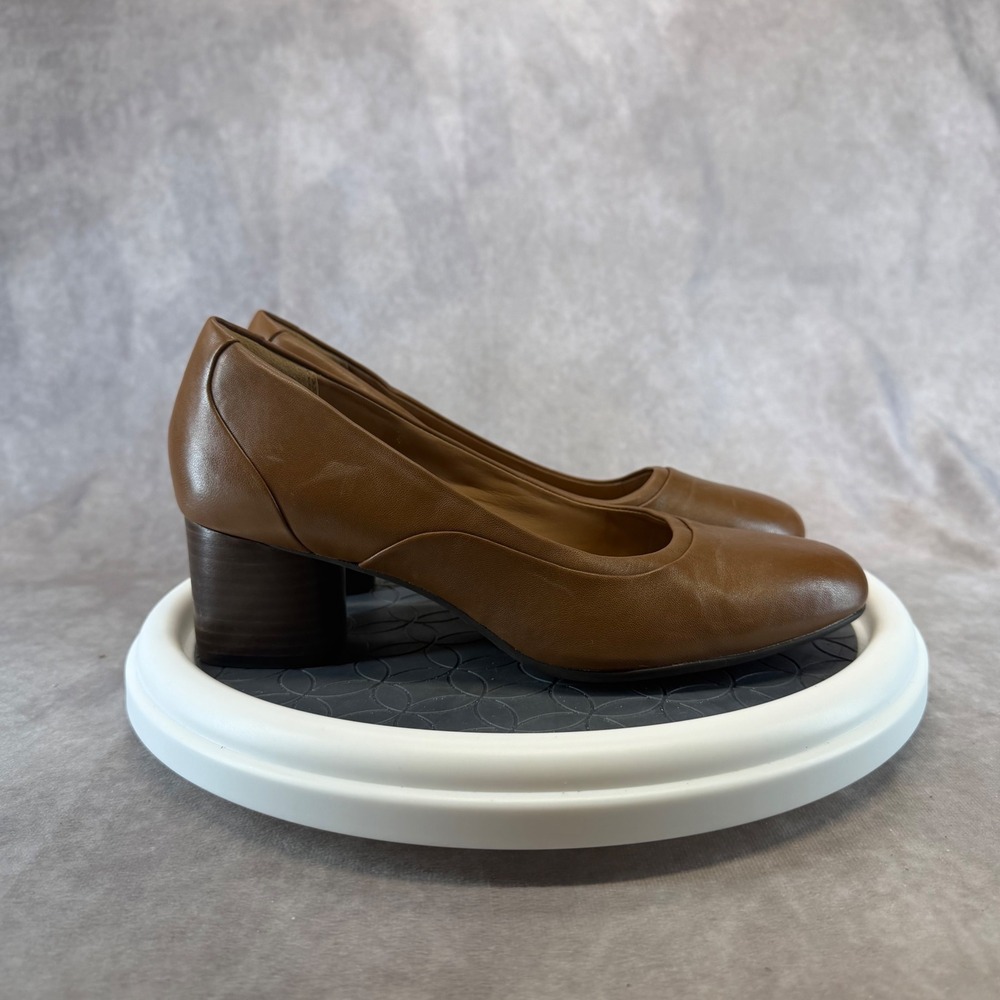 Clarks Unstructured Pump Womens 8 Tan Leather Block Heel Round Toe 261354494055